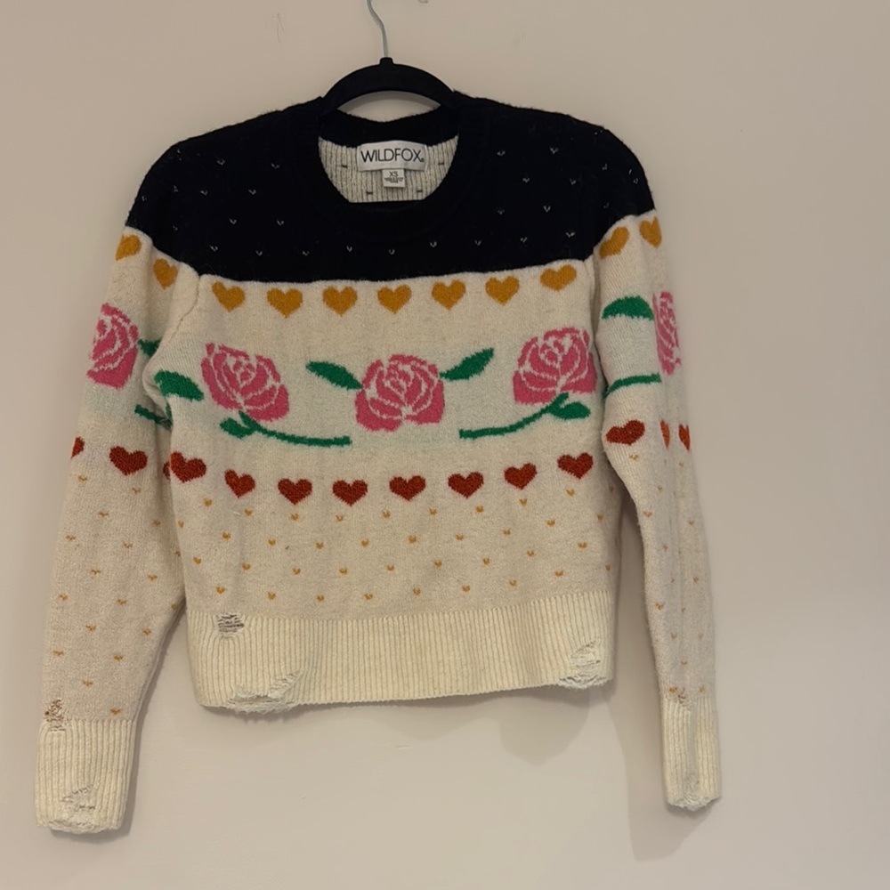 Wildfox Black and Cream Sweater with Pink Floral and Heart Design